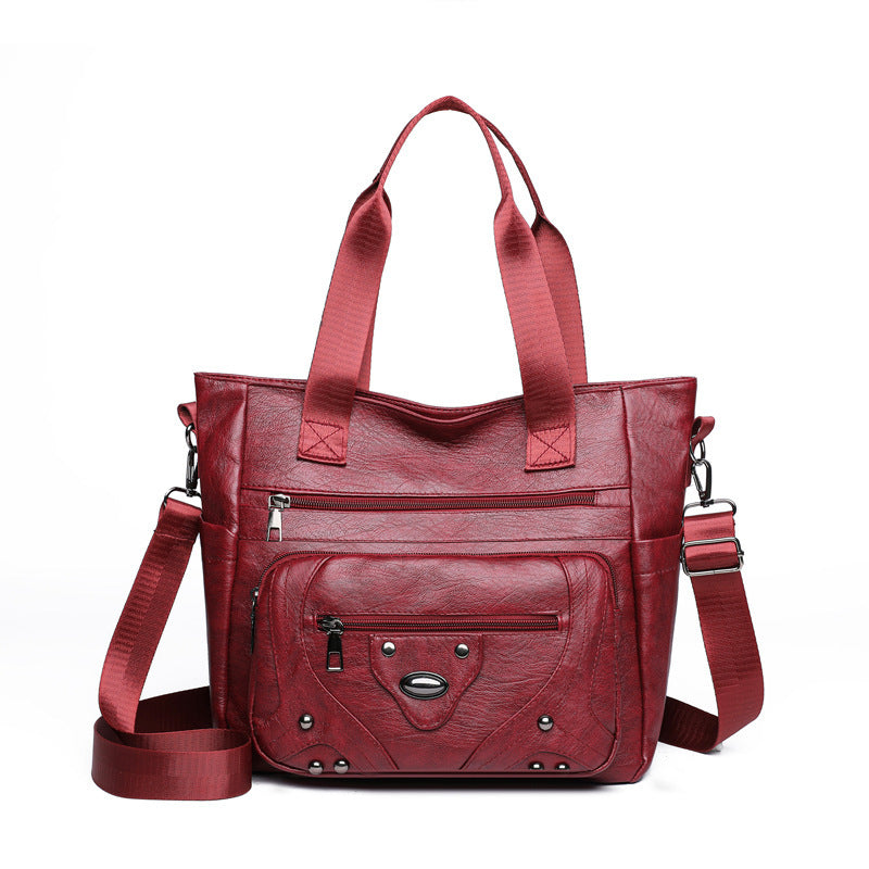 Large Capacity Soft Leather Washed Leisure Commute Shoulder Bag